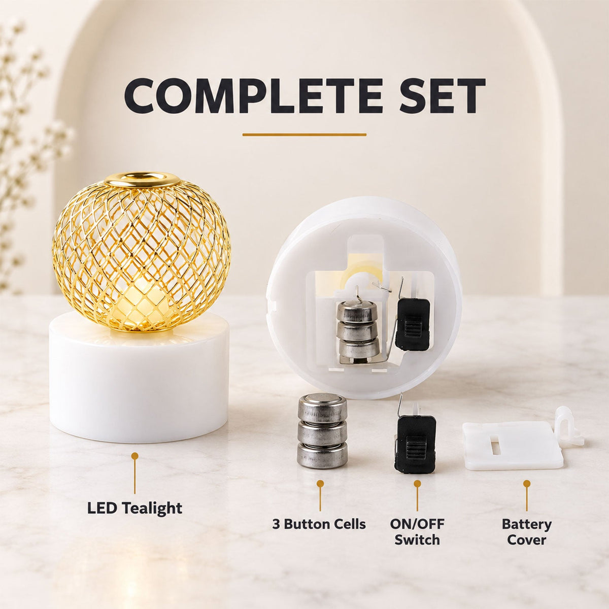 Decorative LED tealight components button cells switch and battery cover