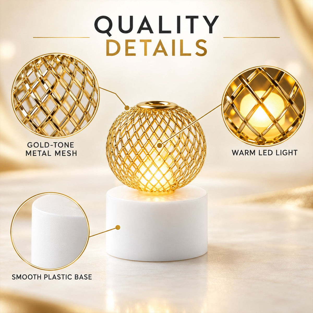 Decorative light details gold tone metal mesh warm LED and plastic base