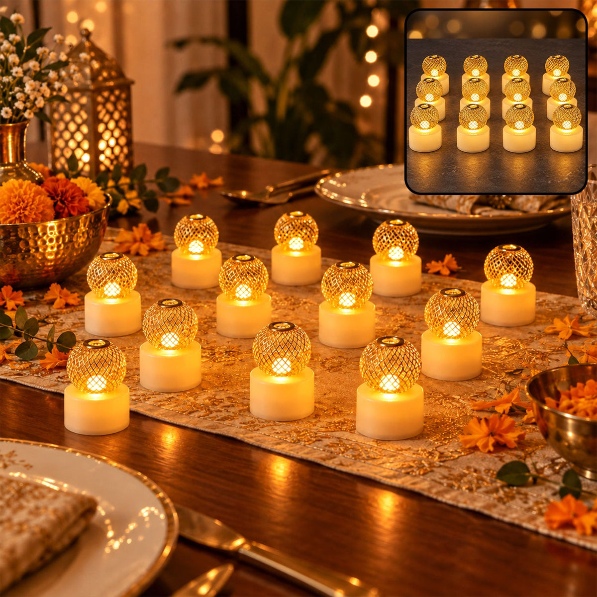 Set of twelve ball shape decorative lights glowing on festive dining table