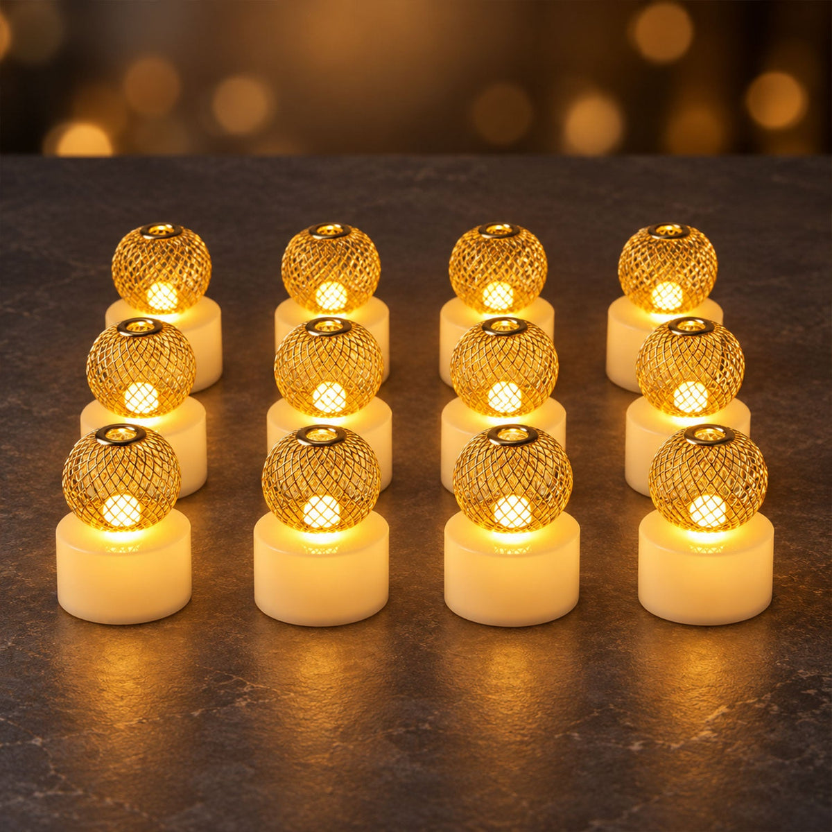 Twelve warm LED ball shape decorative lights arranged together
