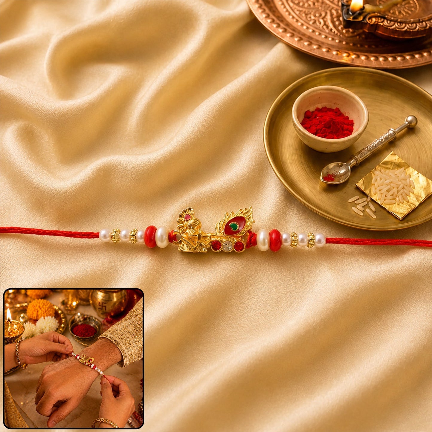 Overhead shot of the traditional Indian Rakhi highlighting vibrant colors and craftsmanship.