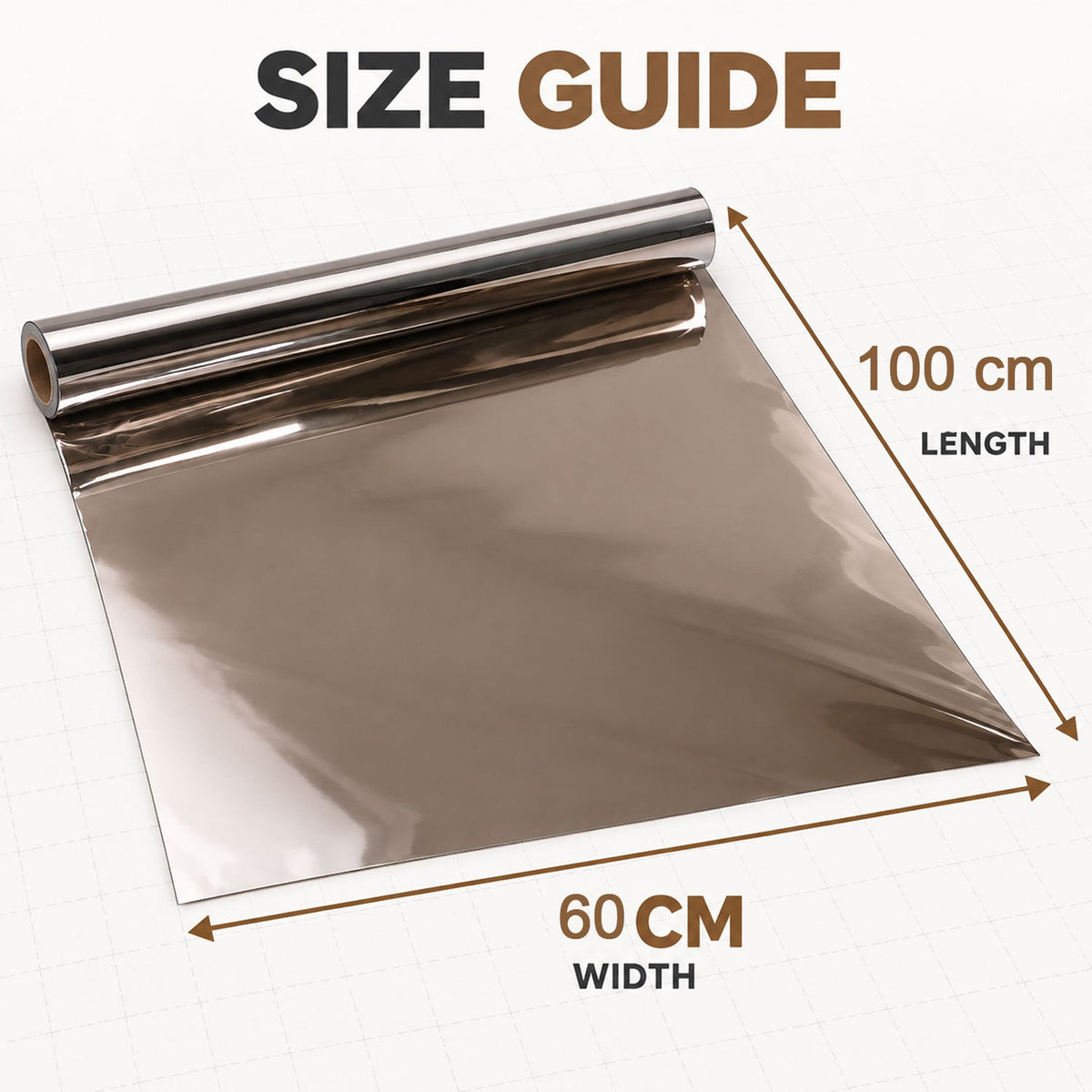 A roll of reflective film unrolled to show its 60 cm width and 100 cm length dimensions on a grey background.