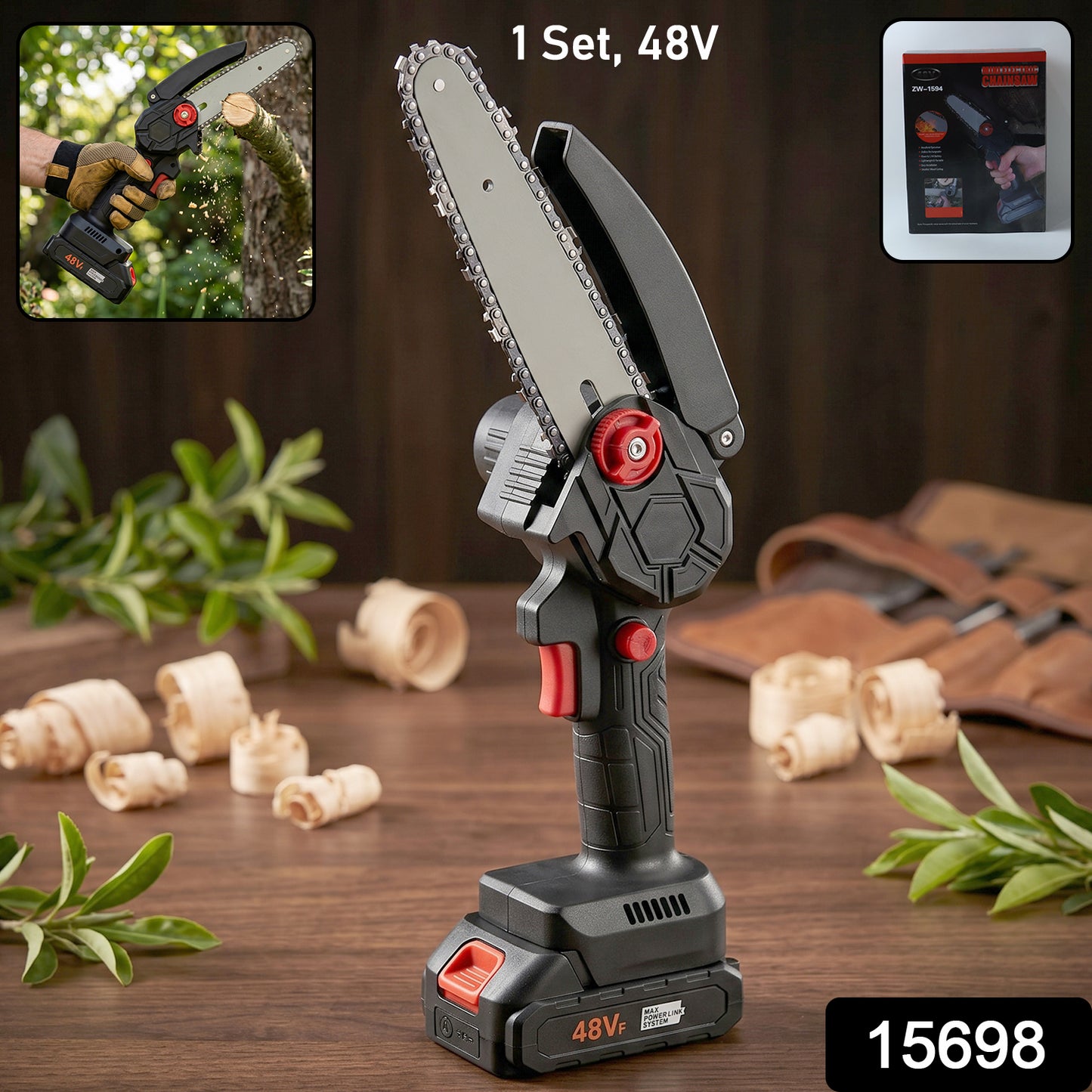Mini Electric Cordless Chainsaw (1 Set, 48V, Blade size 18 Cm)