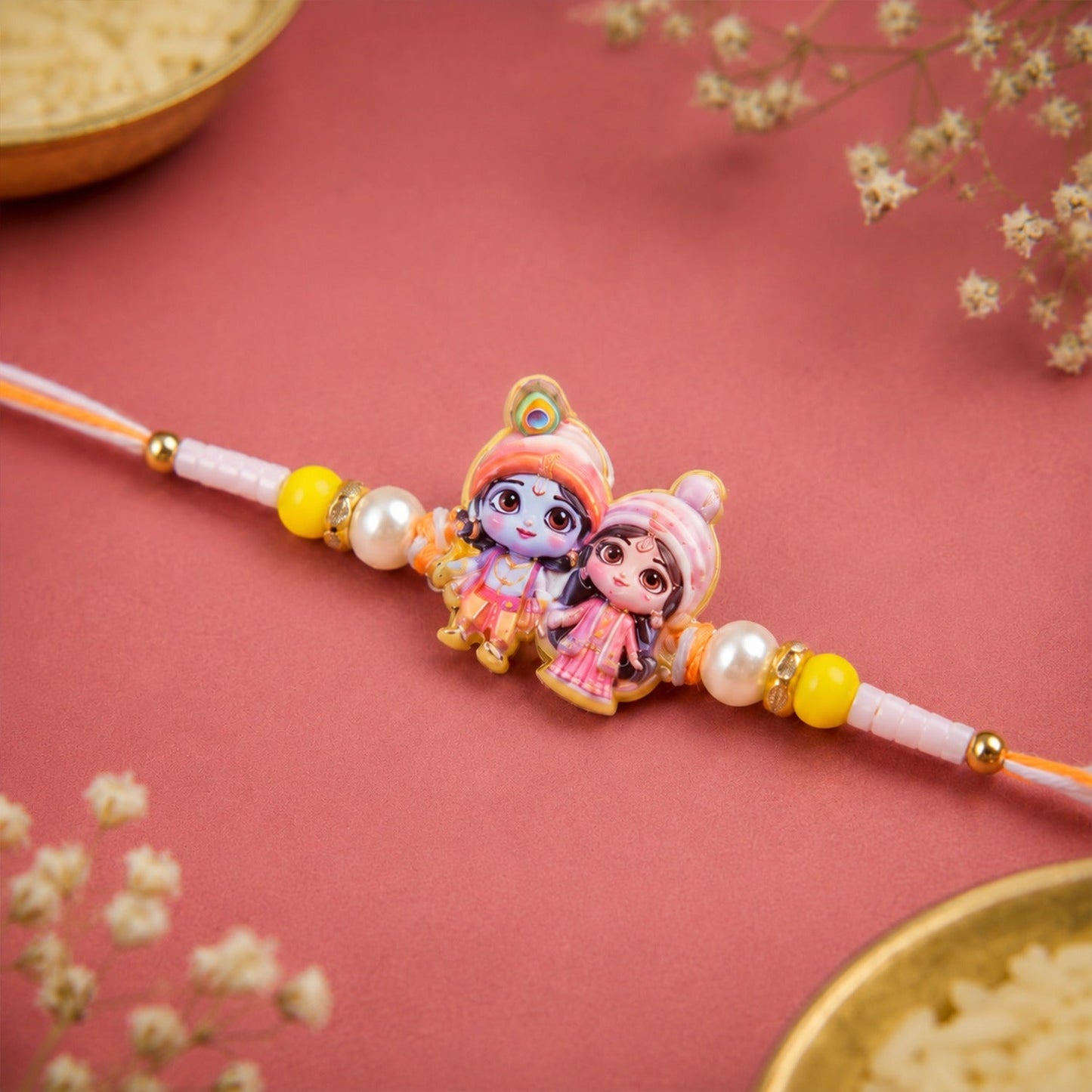 Lord Krishna Radha Rakhi with intricate beadwork and vibrant colors.