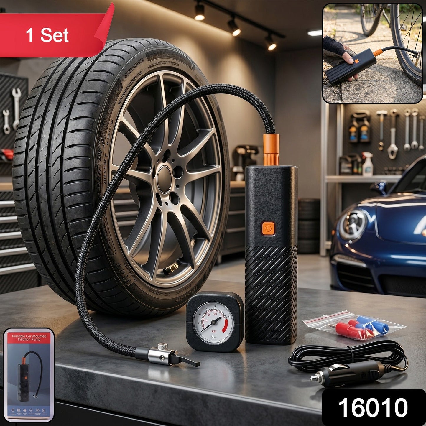 Portable Car Mounted Tyre Inflator Air Pump (1 Set)