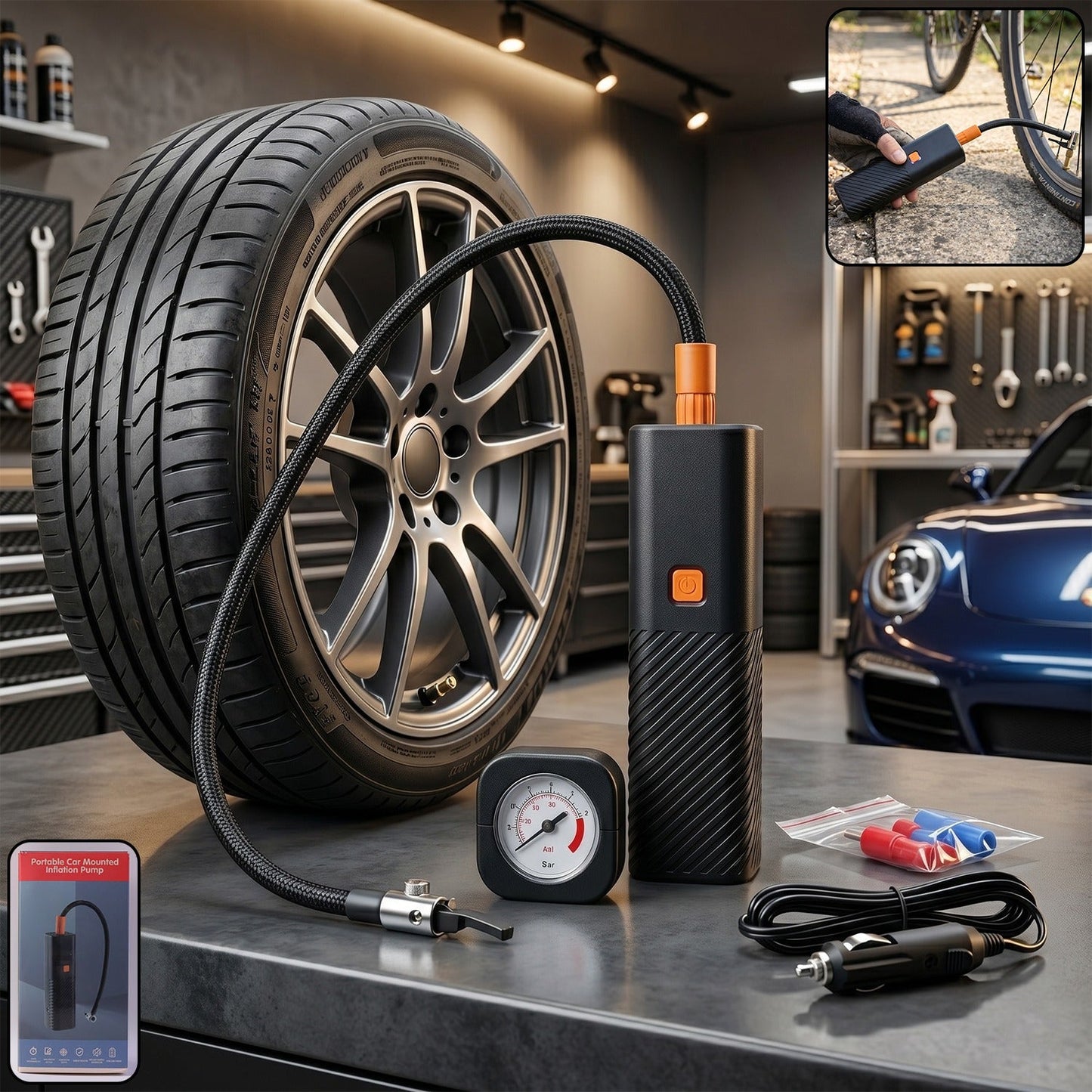 Portable Car Mounted Tyre Inflator Air Pump (1 Set)