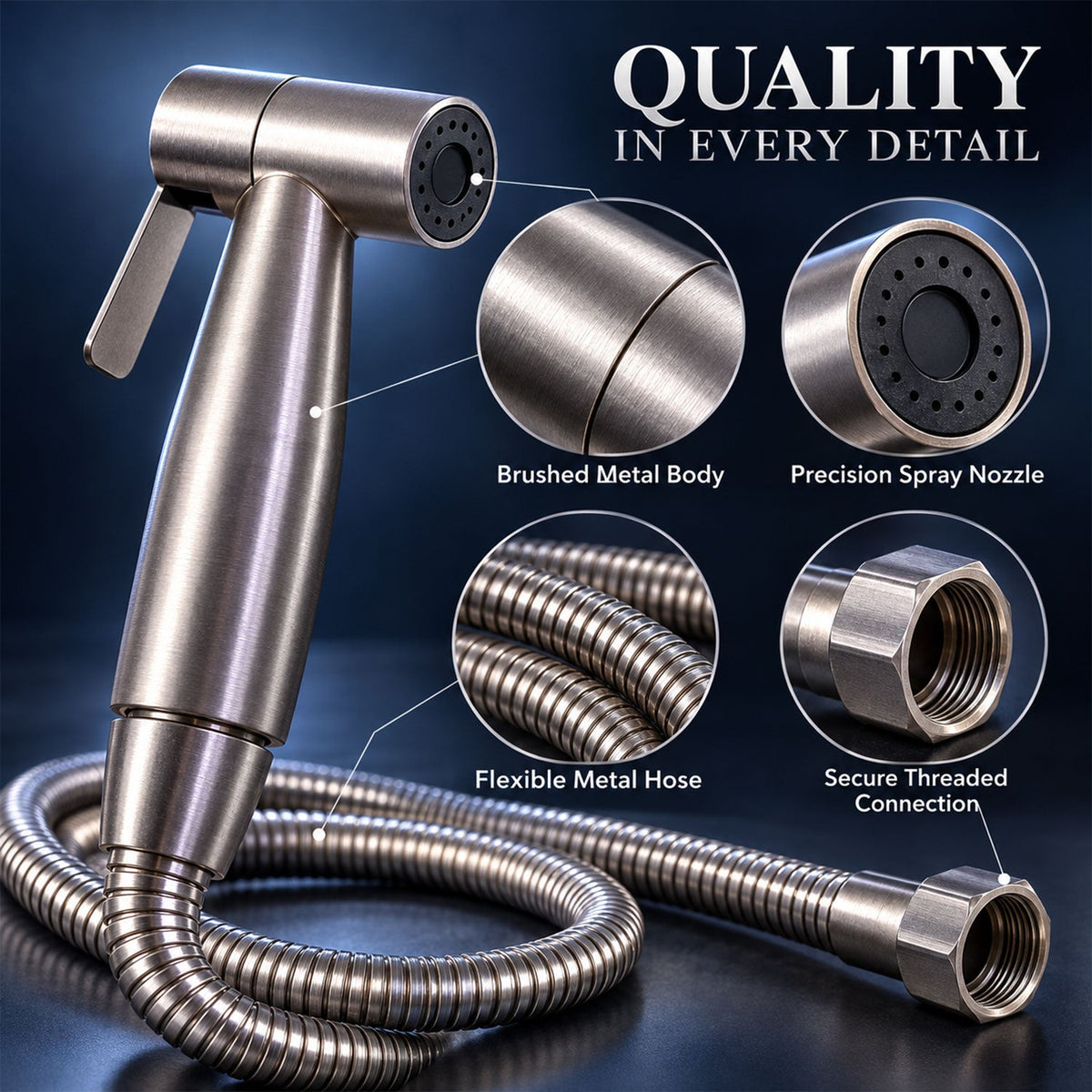 A close-up of the brushed metal bidet sprayer and coiled hose, with magnified insets highlighting the body, spray nozzle,