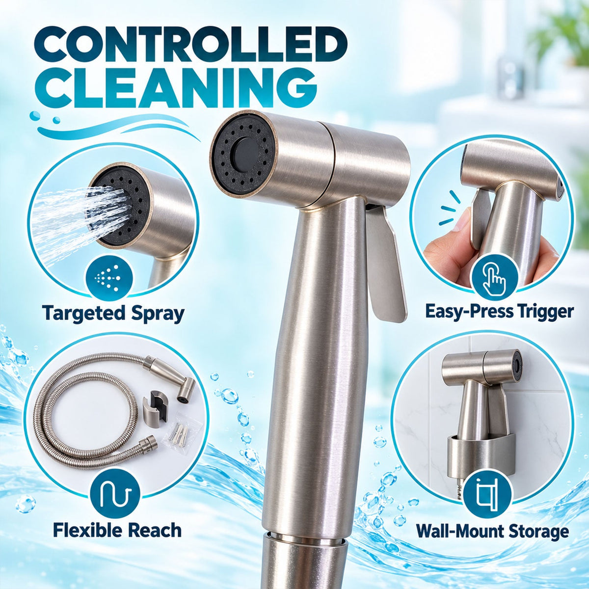 A close-up of the brushed steel bidet sprayer with water spraying from the nozzle, surrounded by insets demonstrating