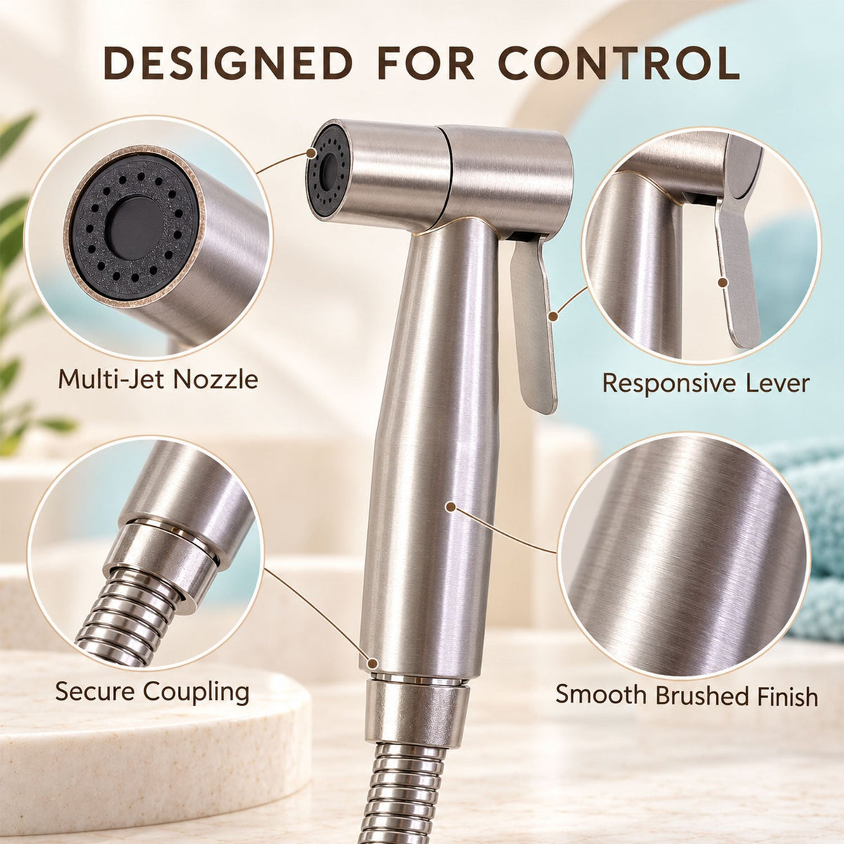 A close-up of the brushed steel bidet sprayer, highlighting its multi-jet nozzle, responsive lever, secure coupling, and