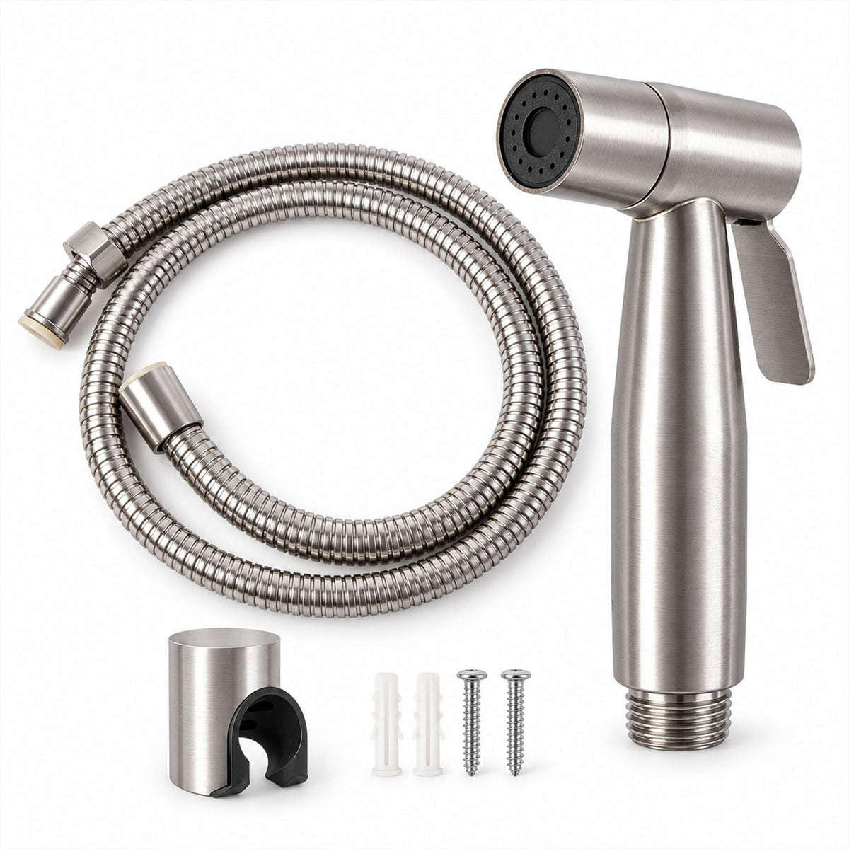 A complete set of the brushed steel bidet sprayer, coiled hose, wall holder, and mounting hardware is arranged neatly on a