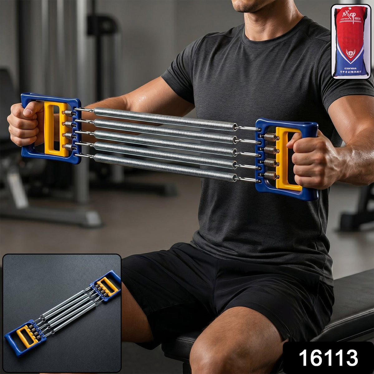 Close-up of adjustable resistance springs on chest expander for versatile workout levels