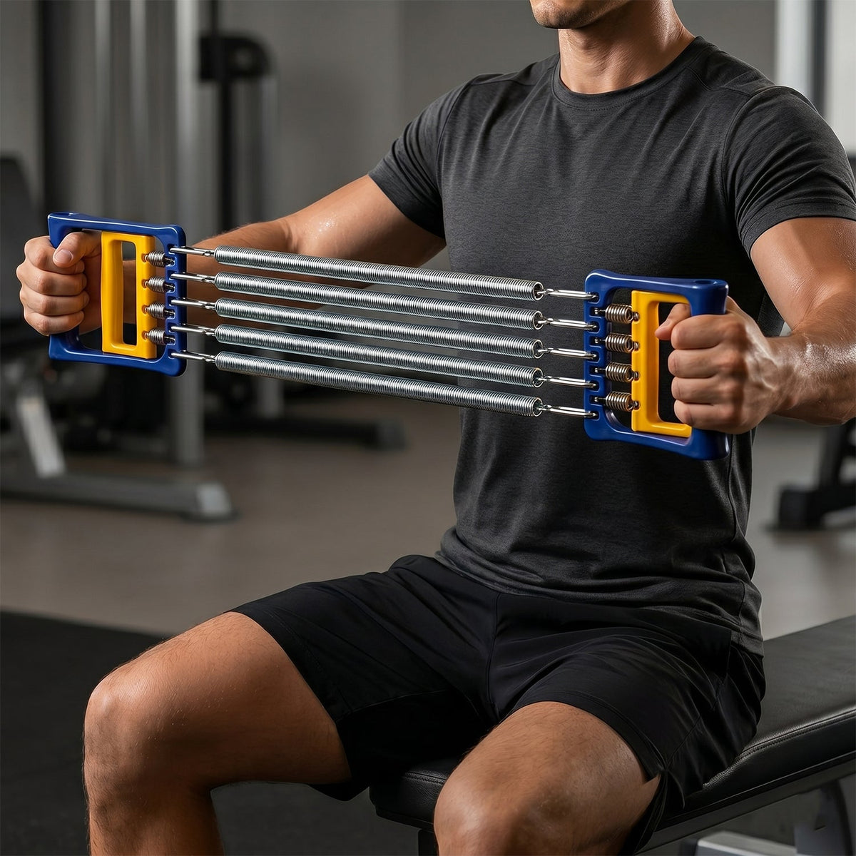 Side view of chest expander showing sturdy steel springs and durable plastic handles