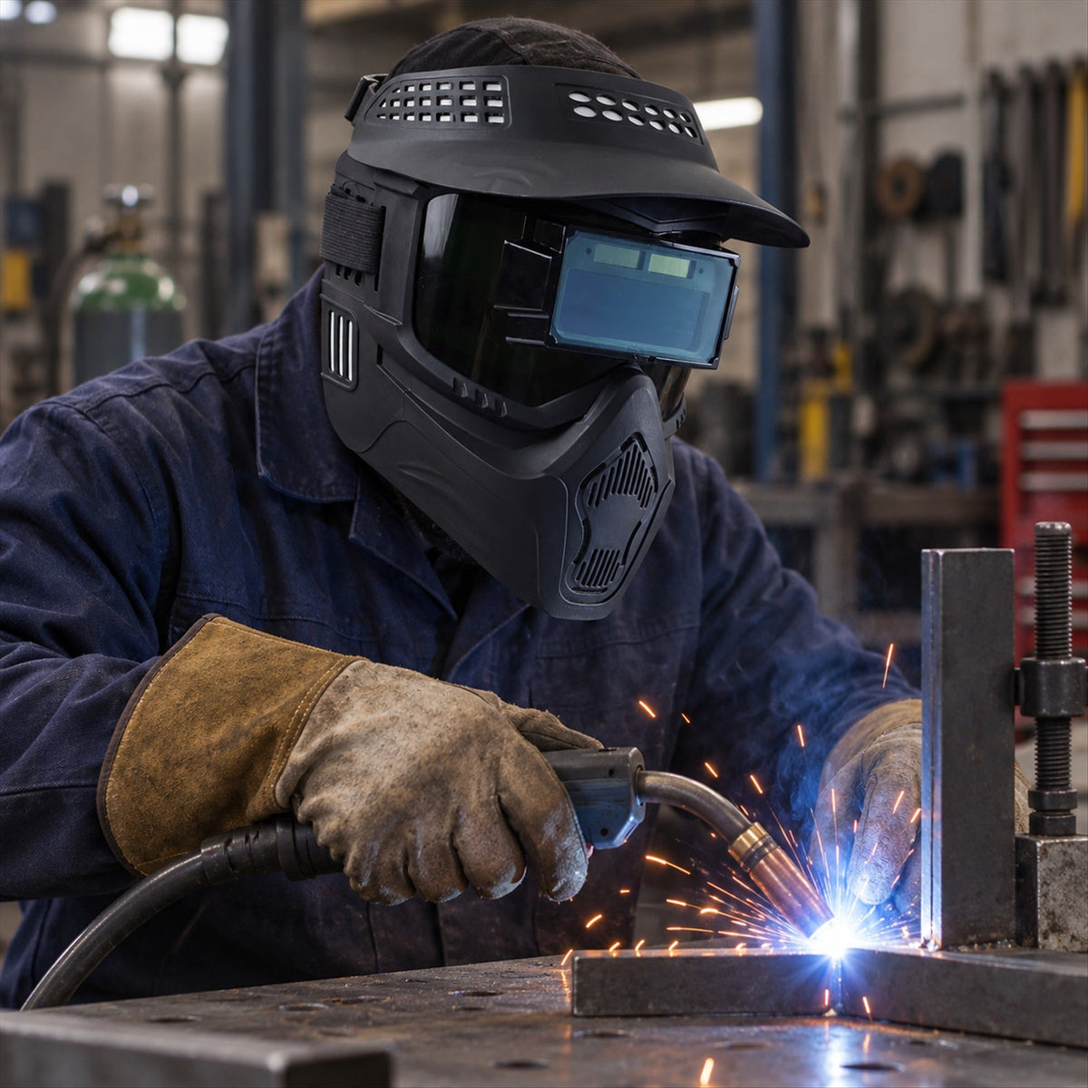 A person wearing a black welding helmet and brown gloves is actively welding metal, creating bright sparks.