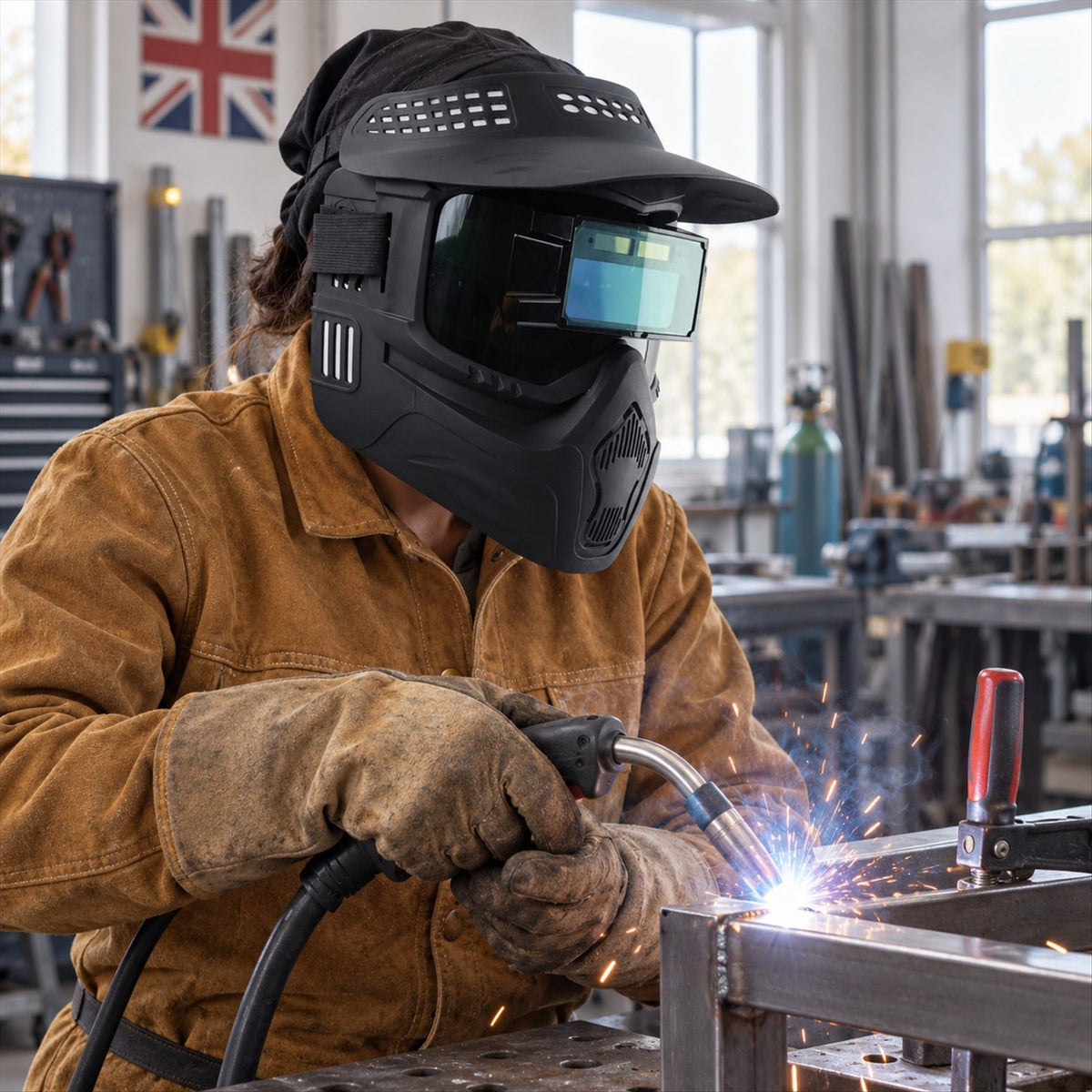 A welder in a brown jacket and black helmet works on metal, generating sparks, with a Union Jack flag in the background.