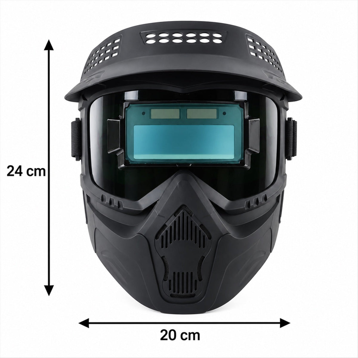 A front view of the black welding helmet shows its dimensions, 24 cm in height and 20 cm in width.