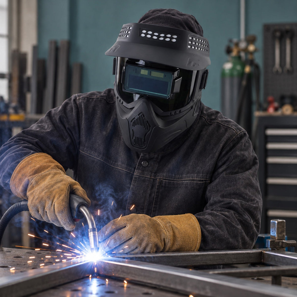 A person in a dark denim jacket and black welding helmet is focused on welding, producing bright light and sparks.