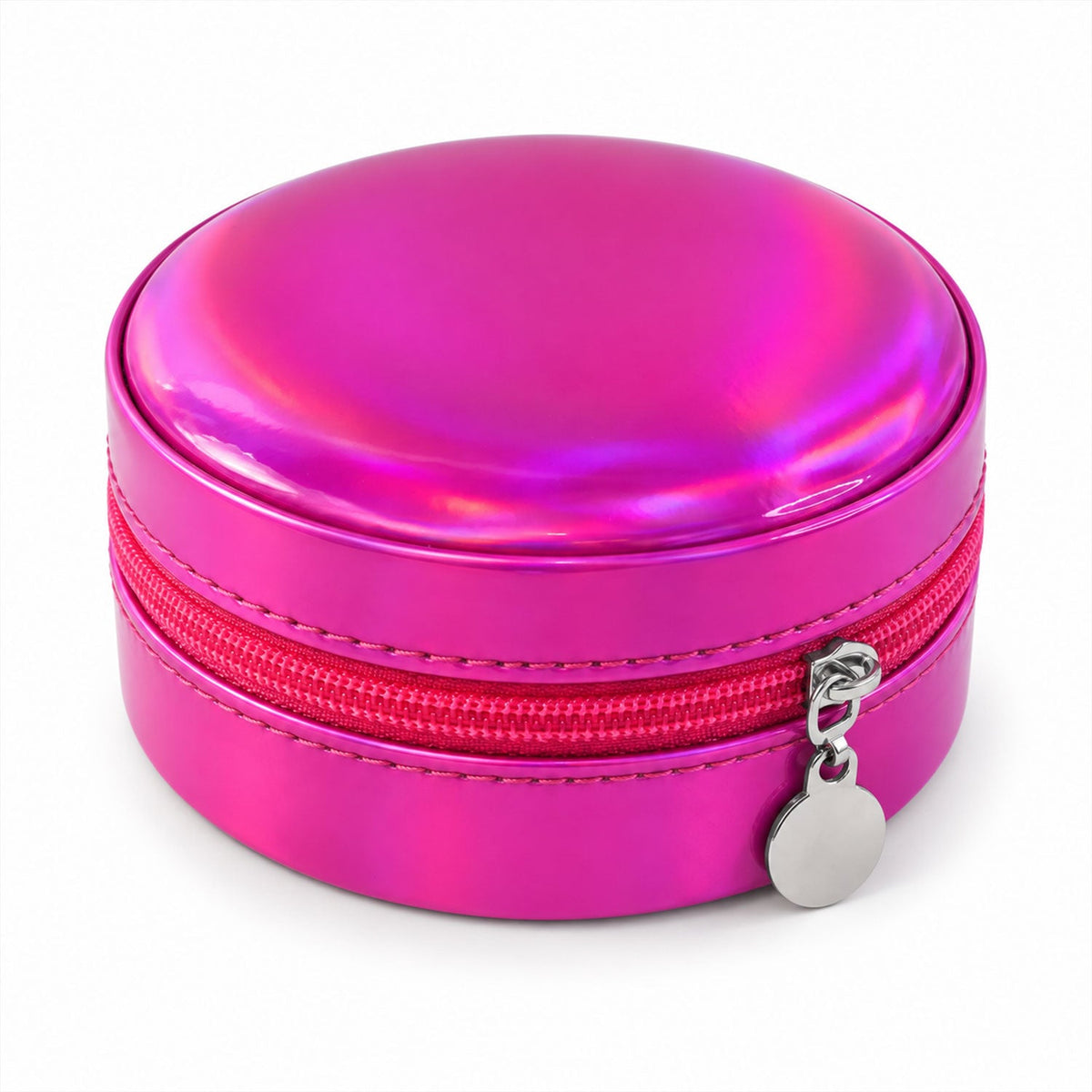 Closed round shiny pink jewellery box with a silver zipper pull, isolated against a white background.