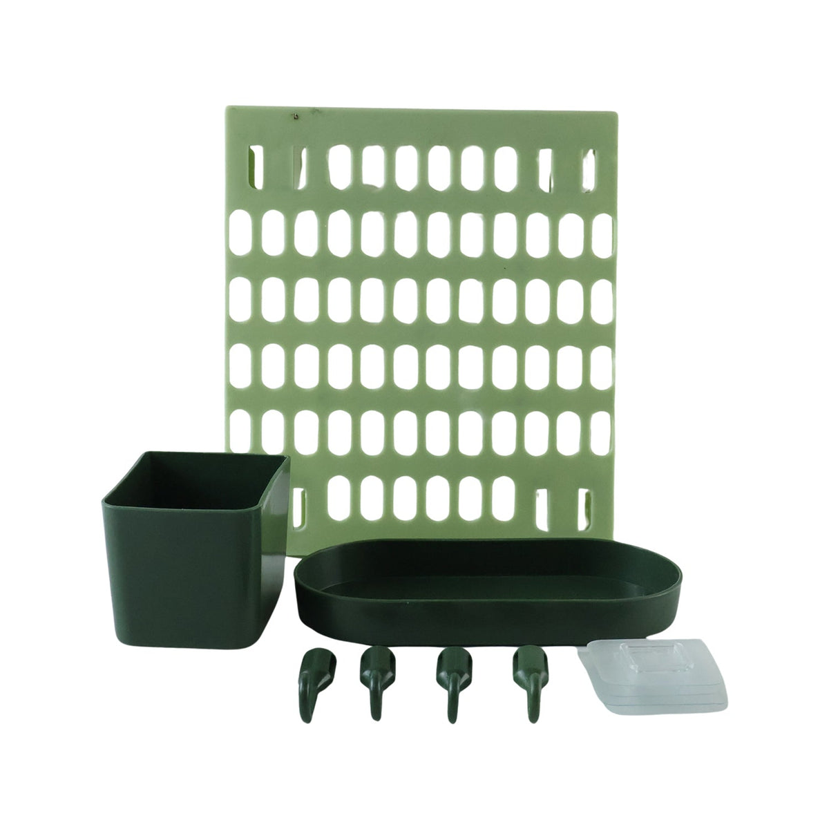 A light green pegboard, a dark green square cup, an oval tray, four hooks, and clear adhesive pads on a white background.