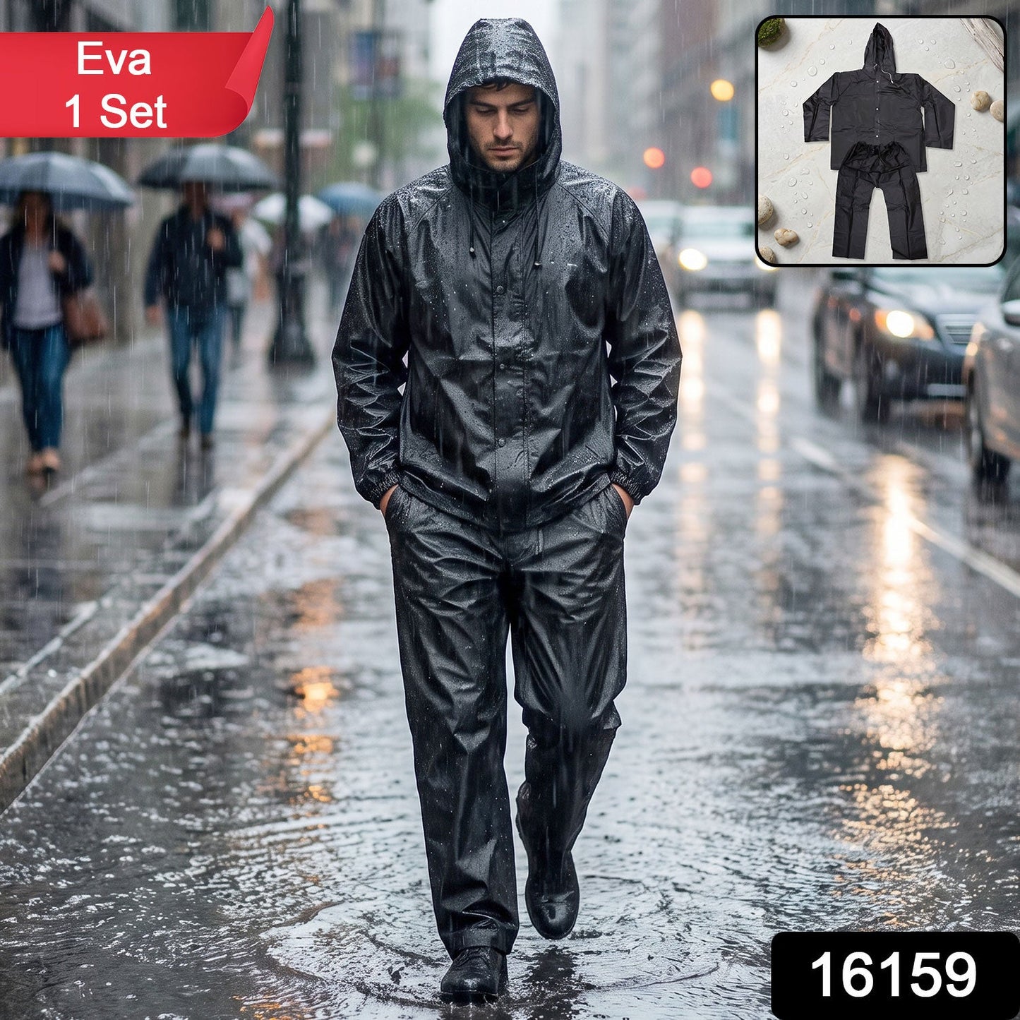 EVA raincoat set with hooded jacket and trousers