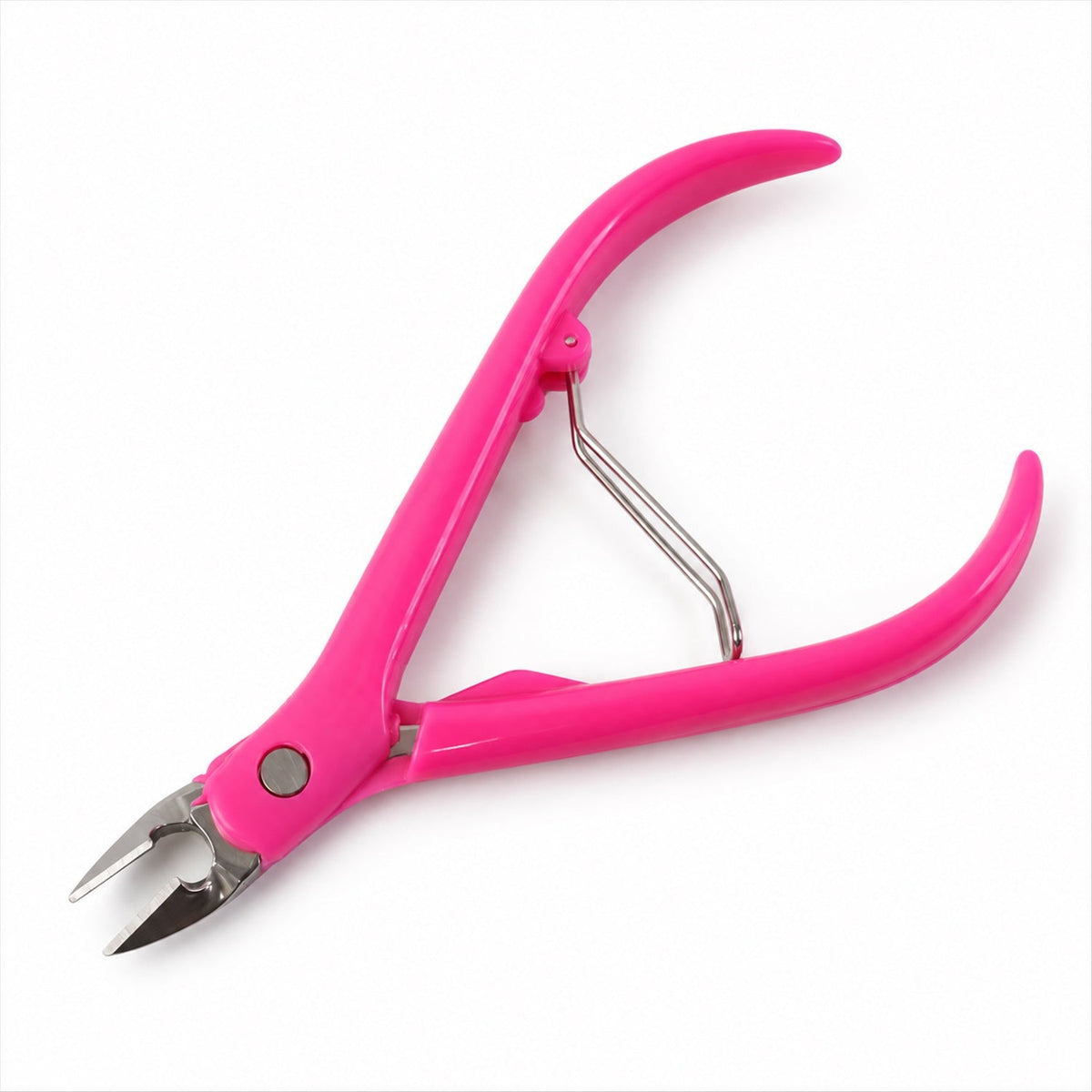 A bright pink cuticle nipper with a silver spring mechanism and metal tips is displayed on a clean white background.