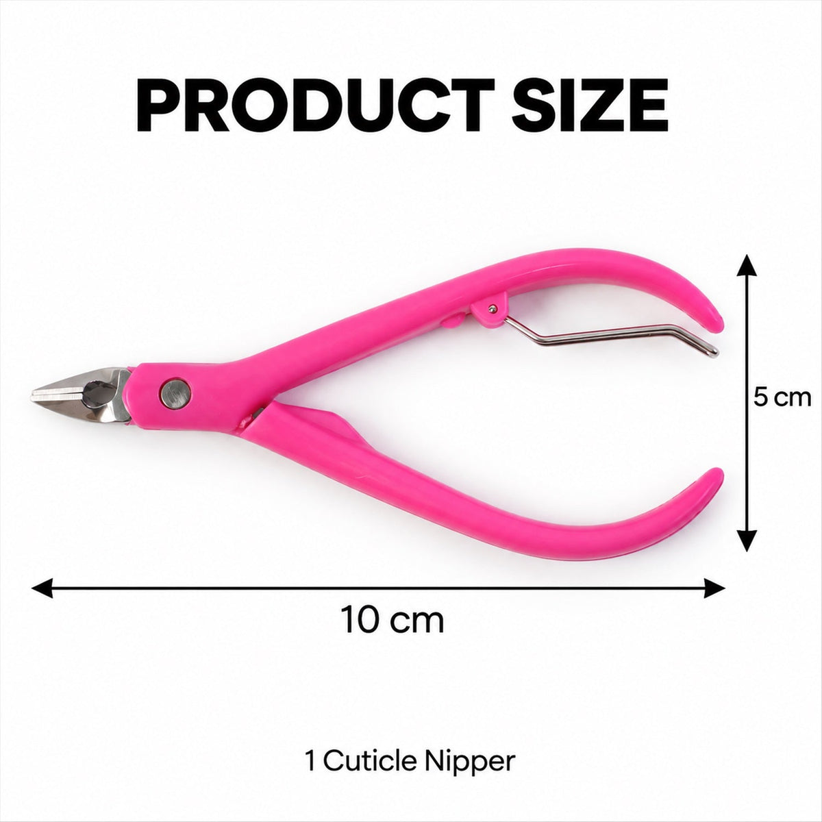 A pink cuticle nipper with silver blades is shown with dimensions of 10 cm length and 5 cm width on a white surface.
