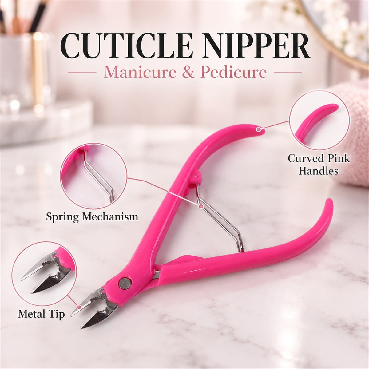 A pink cuticle nipper with metal tips, a spring mechanism, and curved handles is highlighted with text overlays.