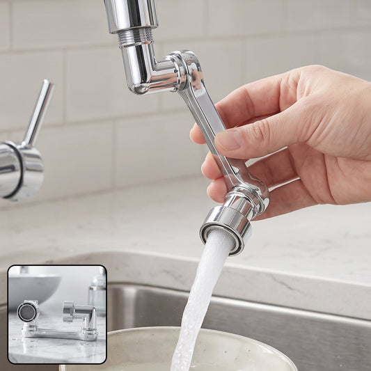 Flexible faucet head extender with rotating water flow