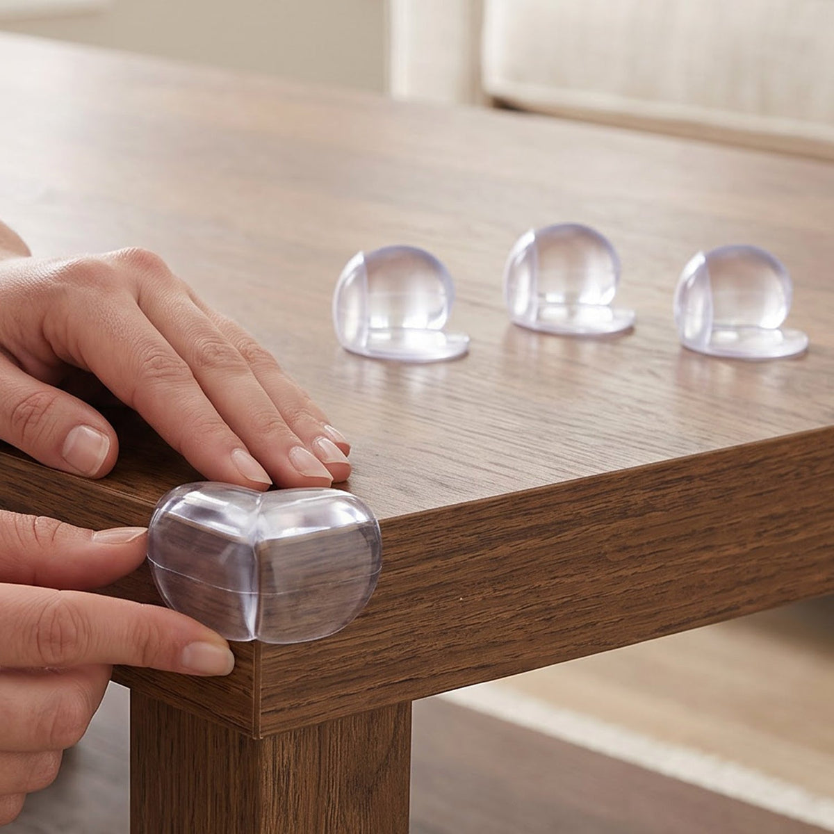 Clear corner guard applied to furniture