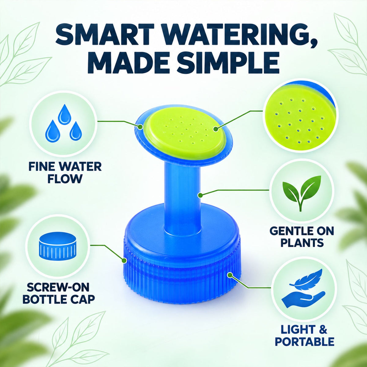 A blue and green plastic bottle cap sprinkler with text highlighting fine water flow, gentle on plants, light, portable, and
