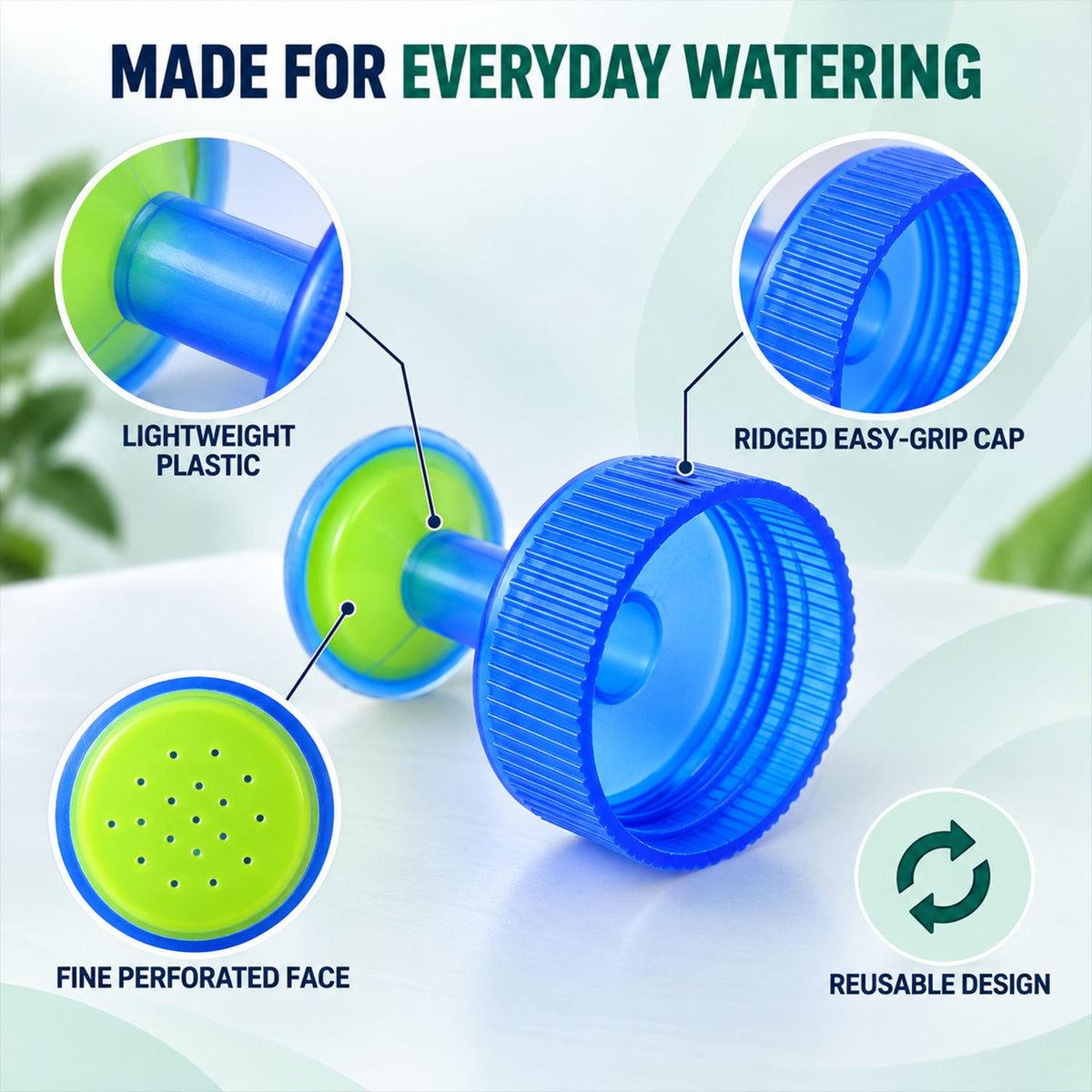 A blue and green plastic bottle cap sprinkler with text highlighting lightweight plastic, fine perforated face, ridged