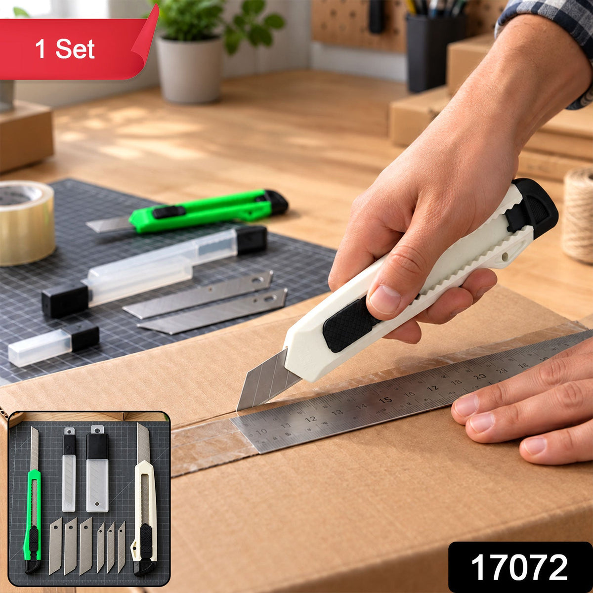 Two utility knives, one green and one white, are displayed with their features highlighted, including textured grips and