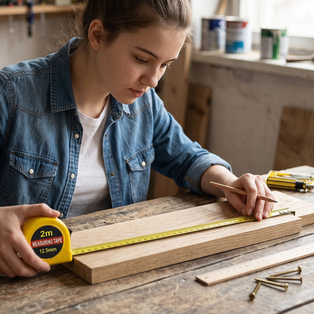 Home repair tool kit measuring accessory in use
