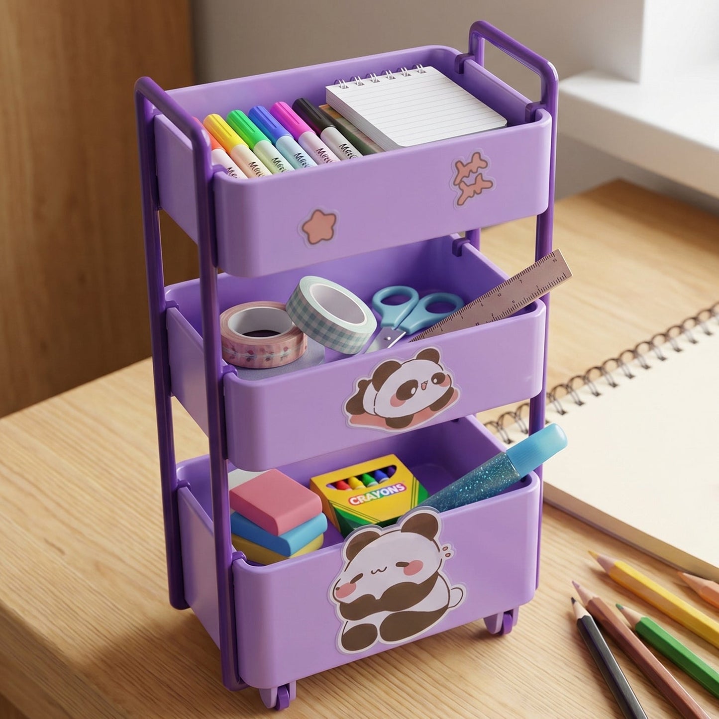 Mini storage trolley used as a desk organizer for office supplies and small items.
