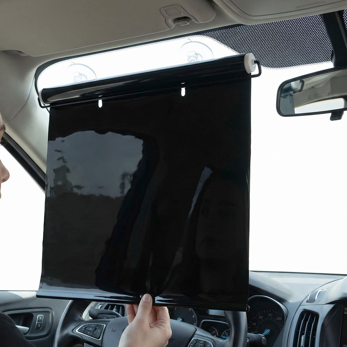Car sun protection curtain installed