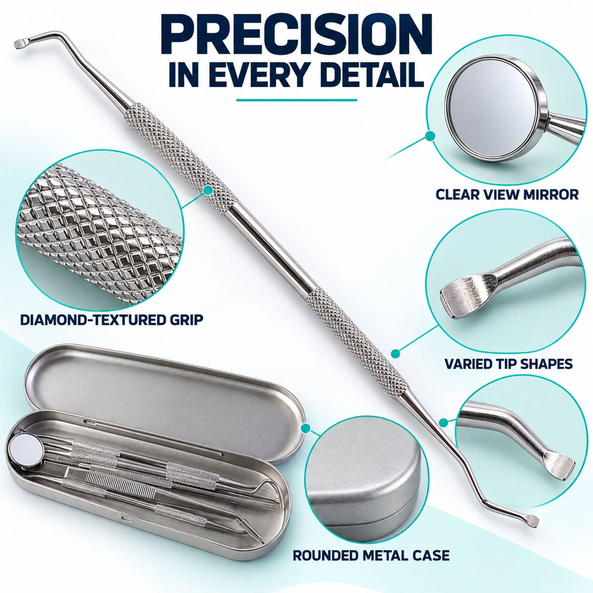 Stainless Steel Dental Tool Set with Mirror, Tweezers & Travel Case (1 Set)