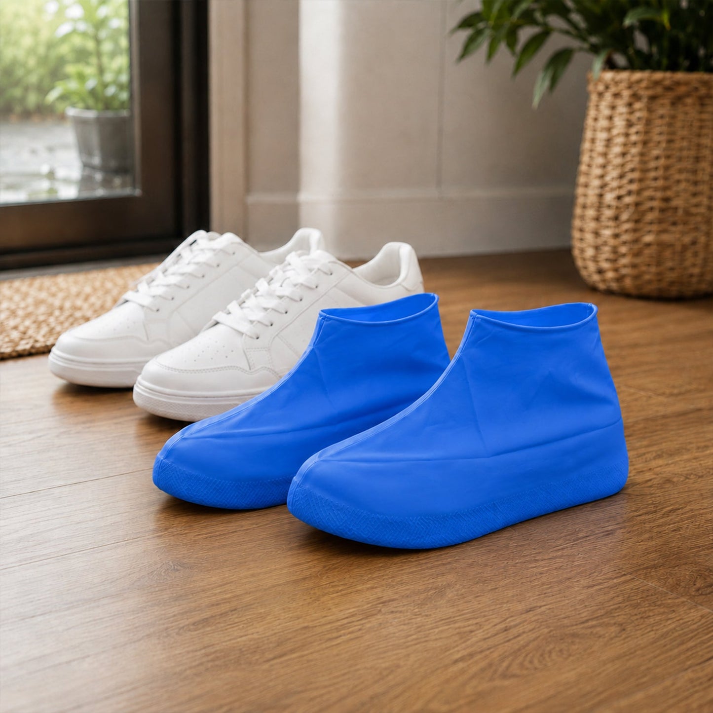 Two blue waterproof shoe covers sit on a wooden floor in front of two pairs of white sneakers.