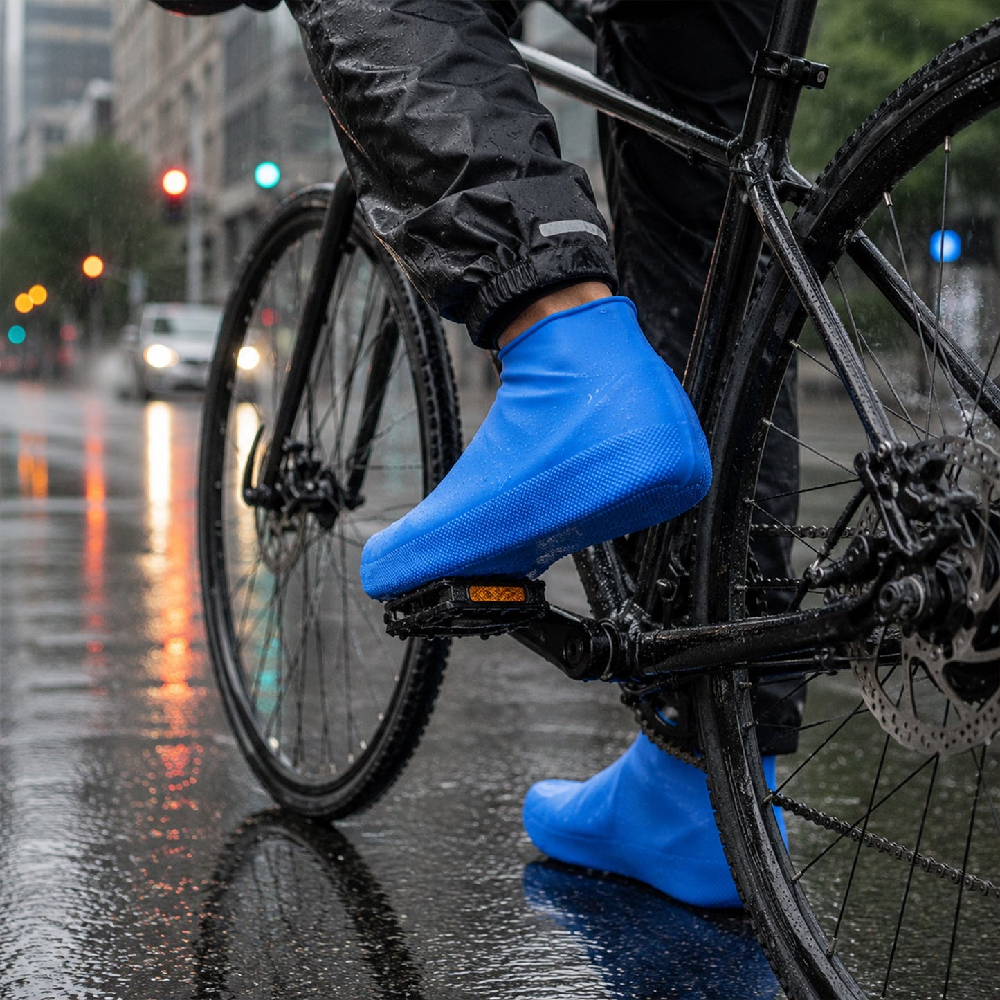 A person on a bicycle wears blue waterproof shoe covers on a wet city street.