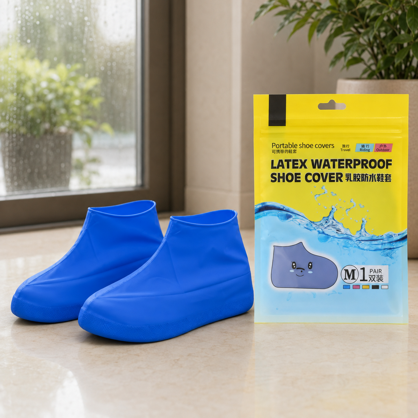 Two blue latex shoe covers next to a yellow and blue package for "Latex Waterproof Shoe Cover" on a tiled floor.