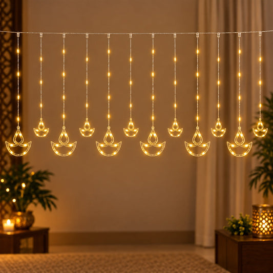 Warm white LED curtain light with twelve hanging diya shapes