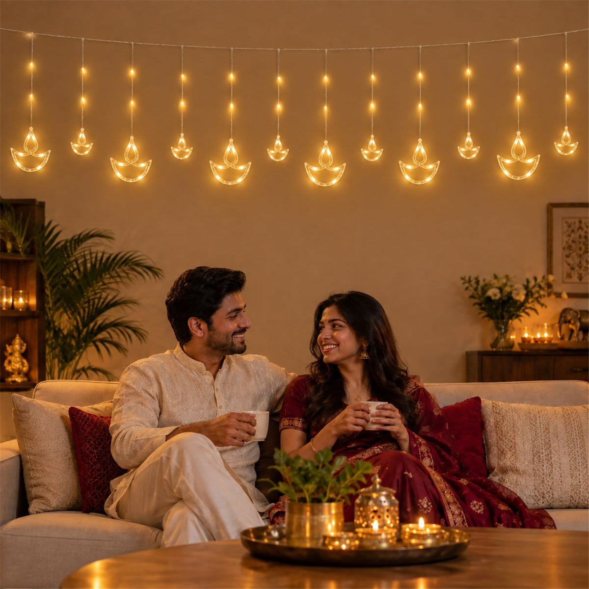 Warm white diya curtain light used for indoor festive decoration