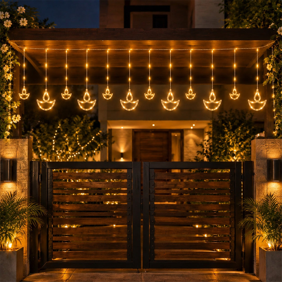 Diya curtain lights decorating a home entrance