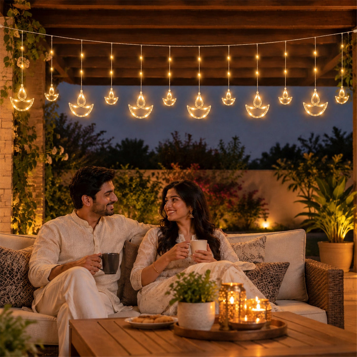 Warm white diya hanging lights used on a covered patio