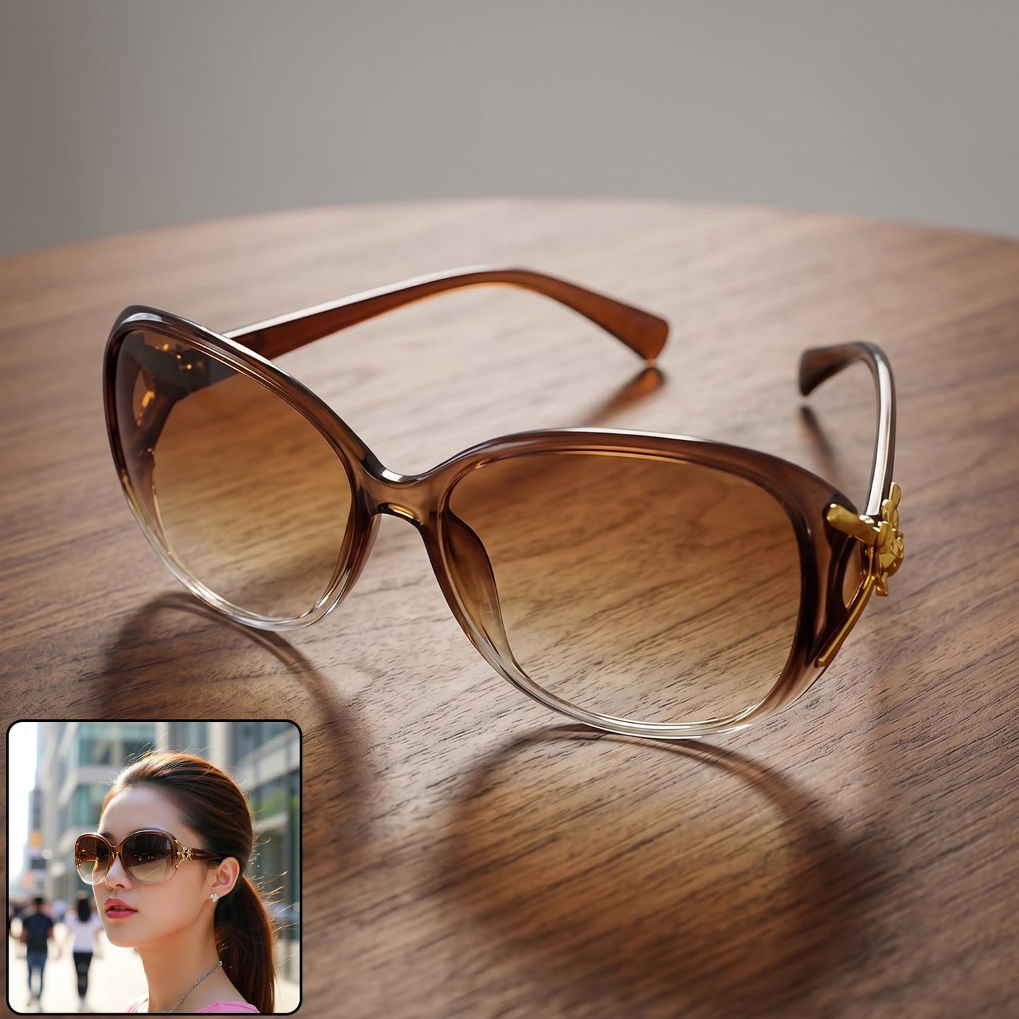 Woman wearing stylish oversized sunglasses, showcasing their fashionable appeal.