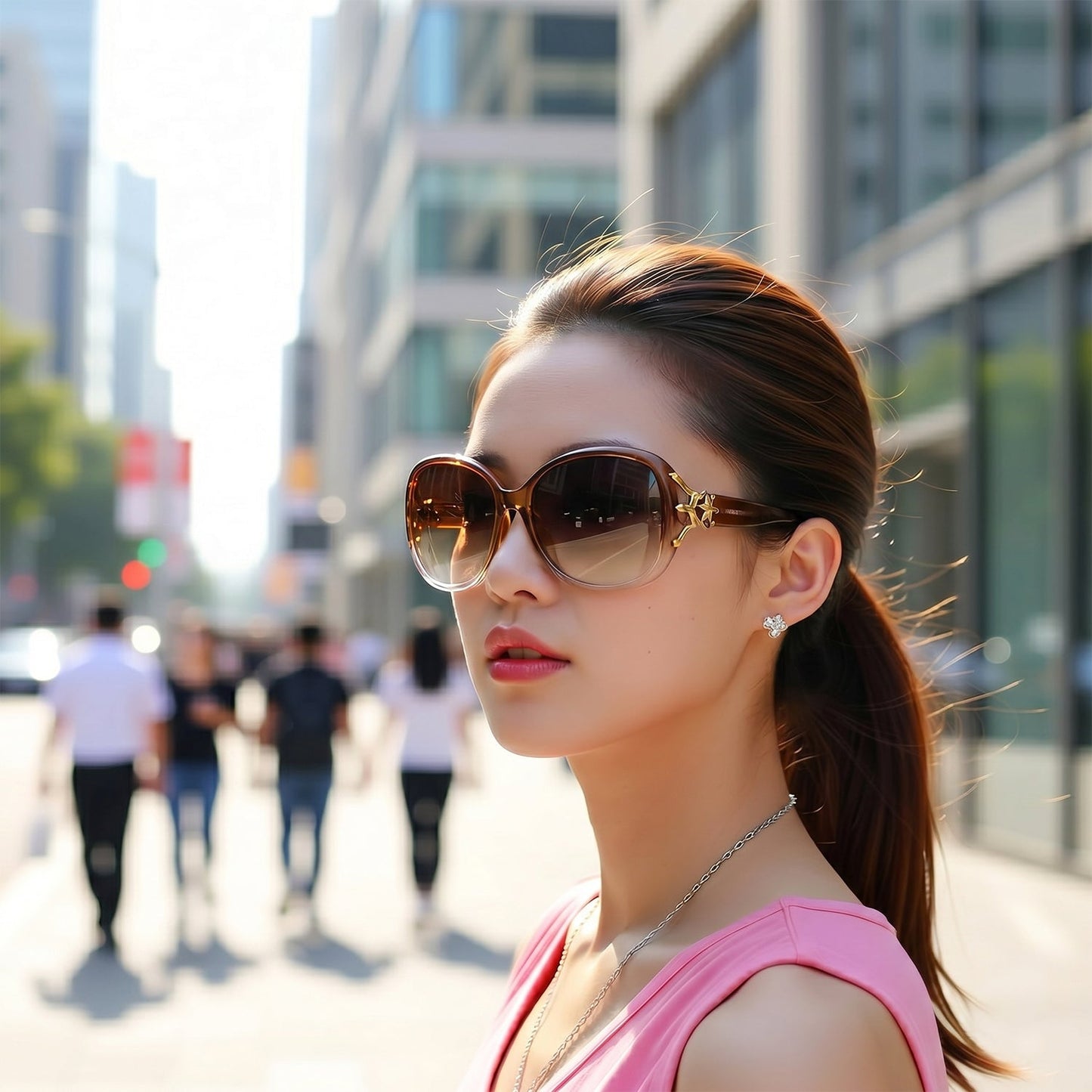 Woman posing in a chic outfit, wearing oversized sunglasses with a gold accent.