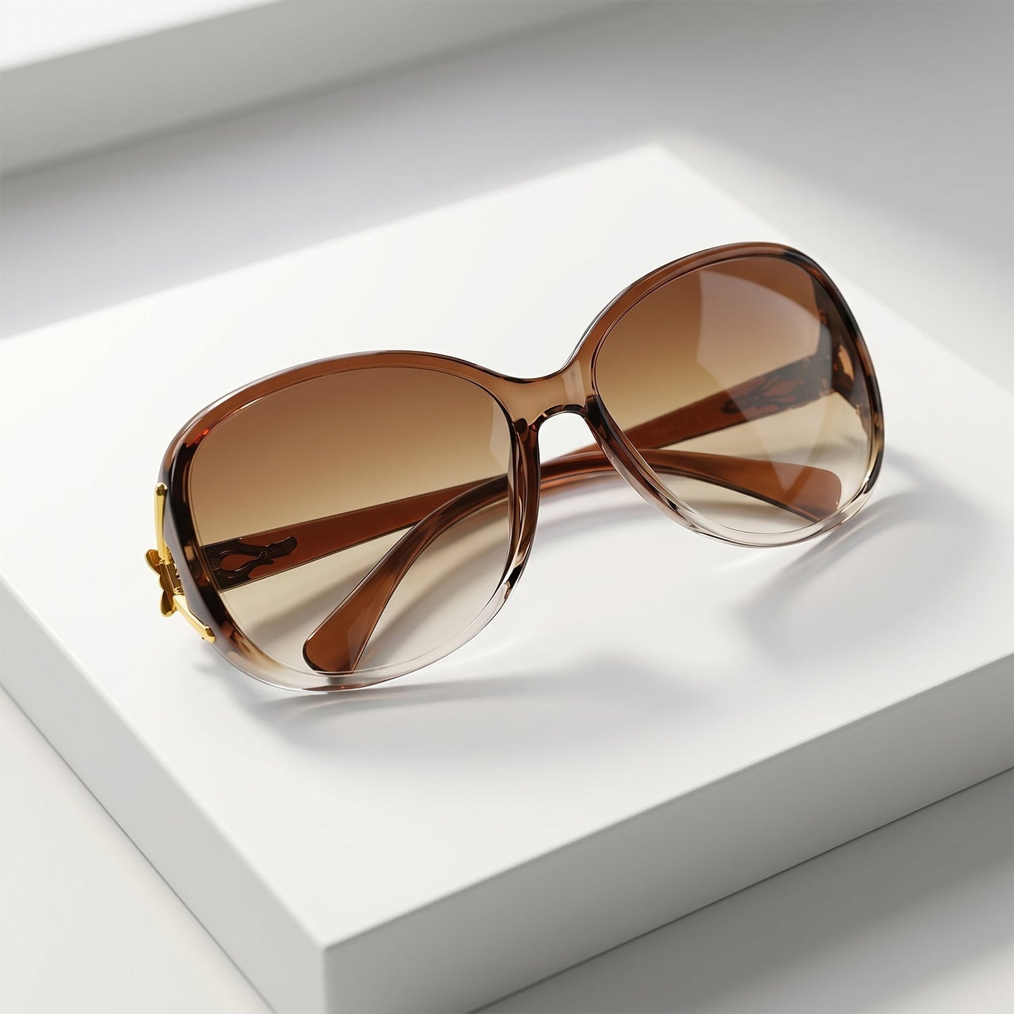 Another view of a woman confidently wearing the fashionable oversized sunglasses.
