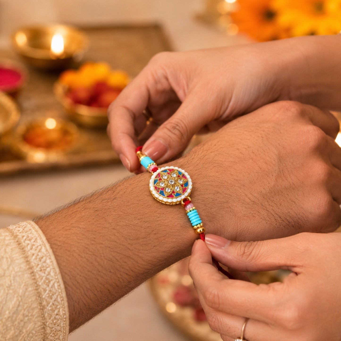Close-up of colorful floral kundan rakhi with beads