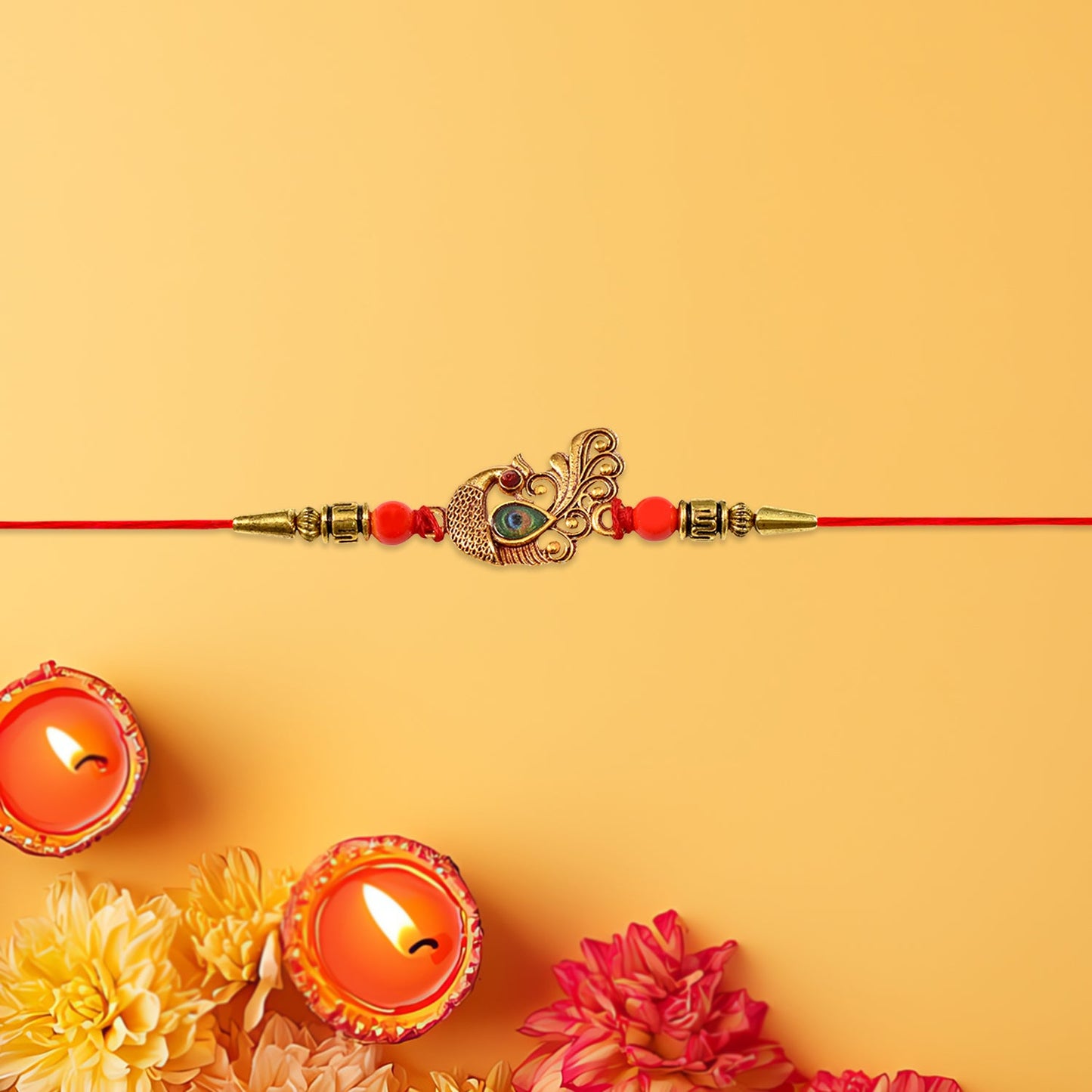 Elegant Peacock Rakhi displayed as a festive gift for Rakshabandhan occasion