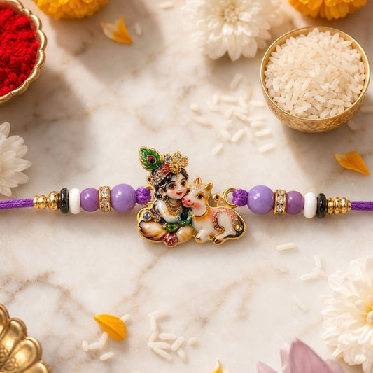 Elegant Bal Krishna Rakhi with cow design and colourful beads on a white background.