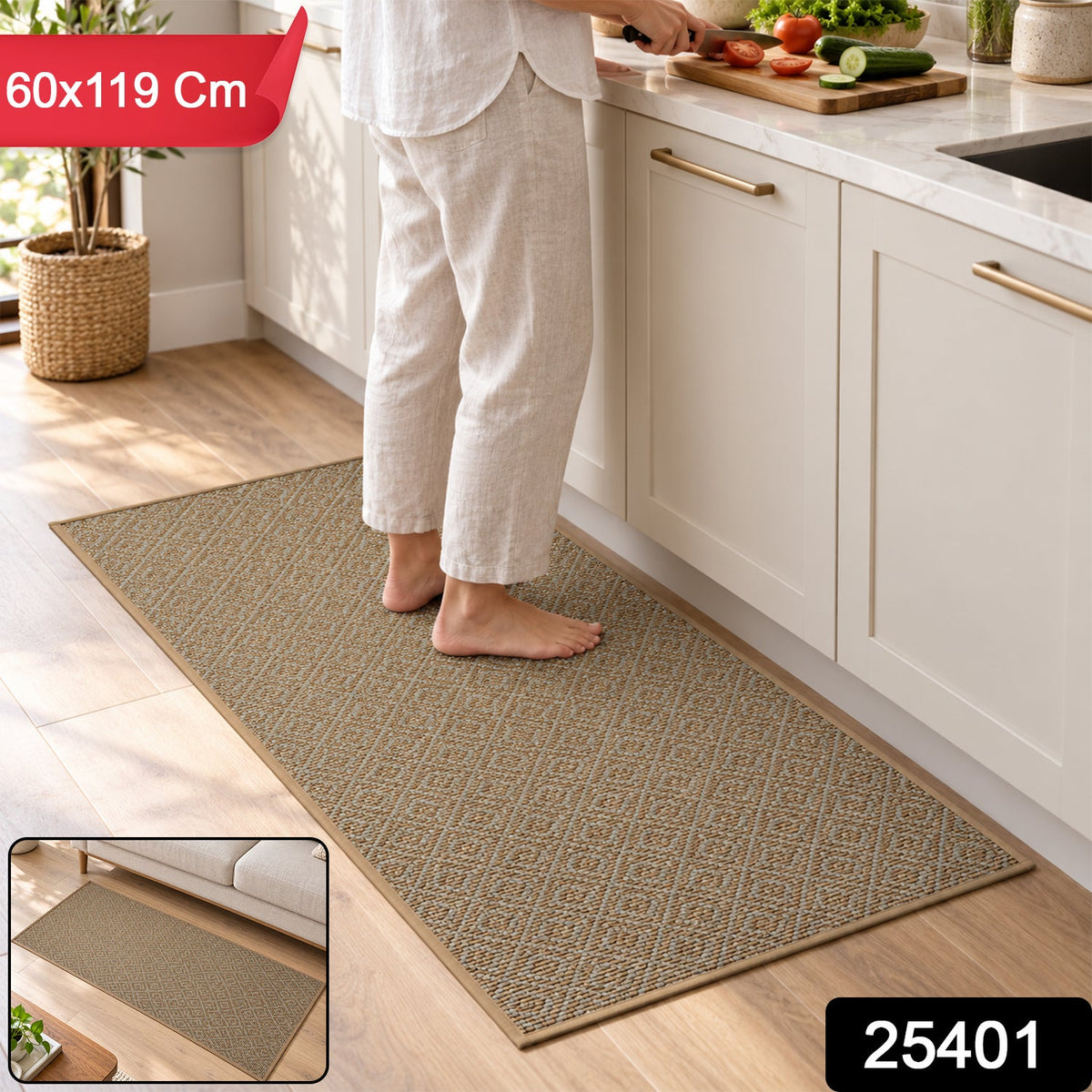 A person stands on a brown diamond pattern runner mat in a kitchen, with product size and code overlays.