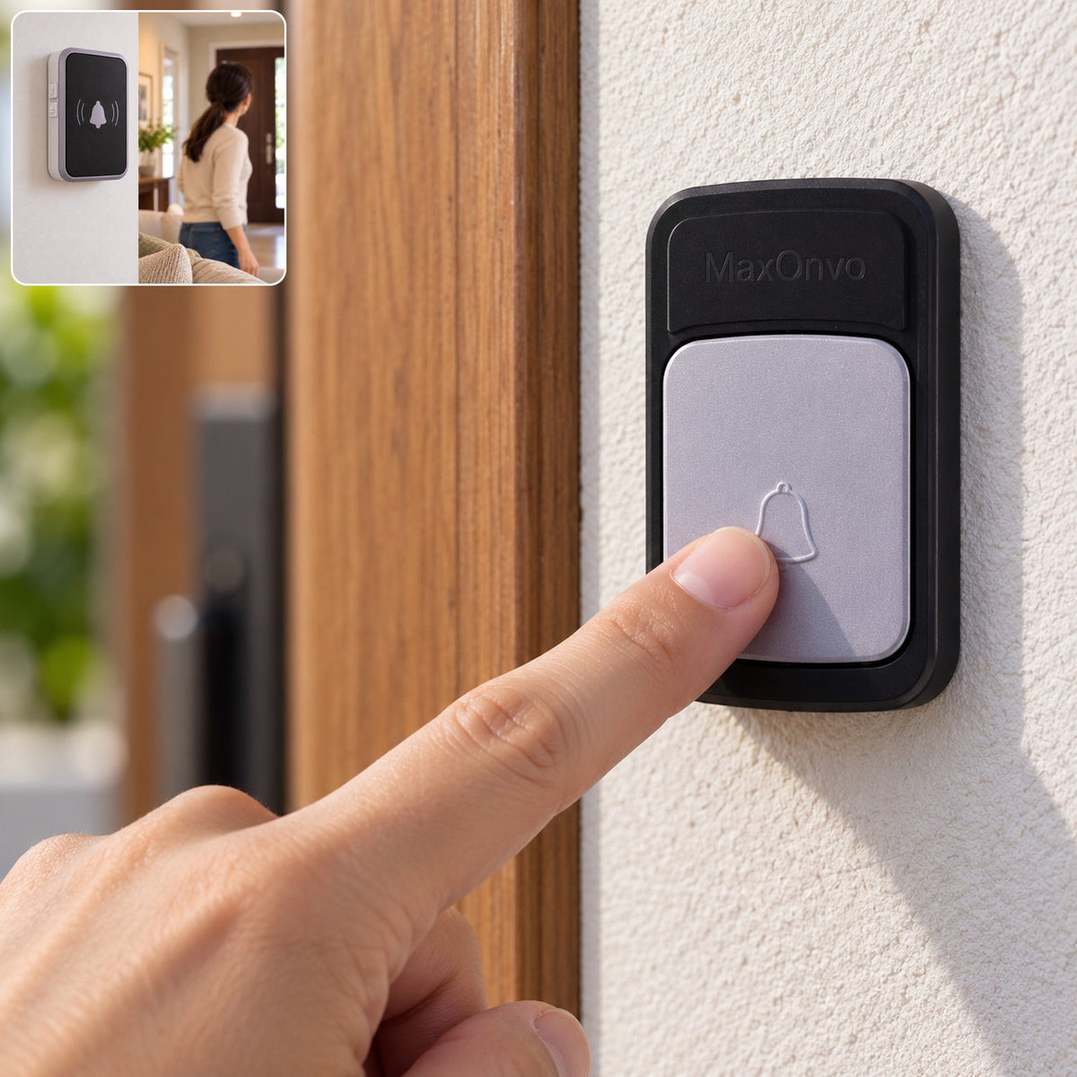 A person's finger presses the grey square button of a black doorbell unit mounted on a textured white wall next to a wooden